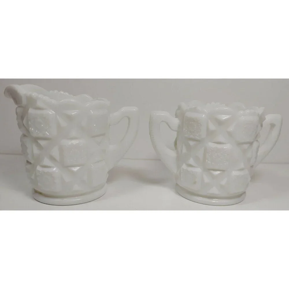 VTG Westmoreland White Milk Glass Flared Top Quilt Creamer and Sugar Bowl Set
